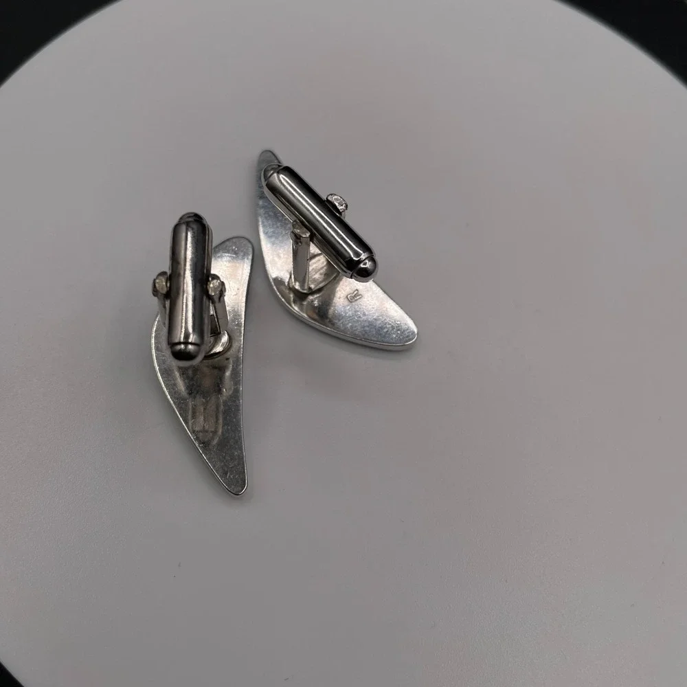 Vintage Modernist Silver-Tone Crescent Men's Cufflinks with‎ Black Accents